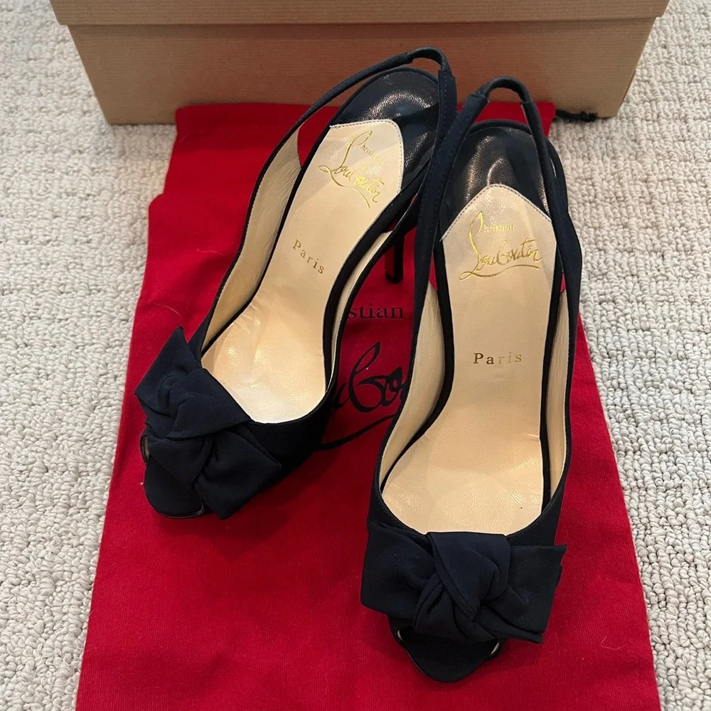 Christian Louboutin Slingback Open-toe Heels with Bows, Black and size 37.5